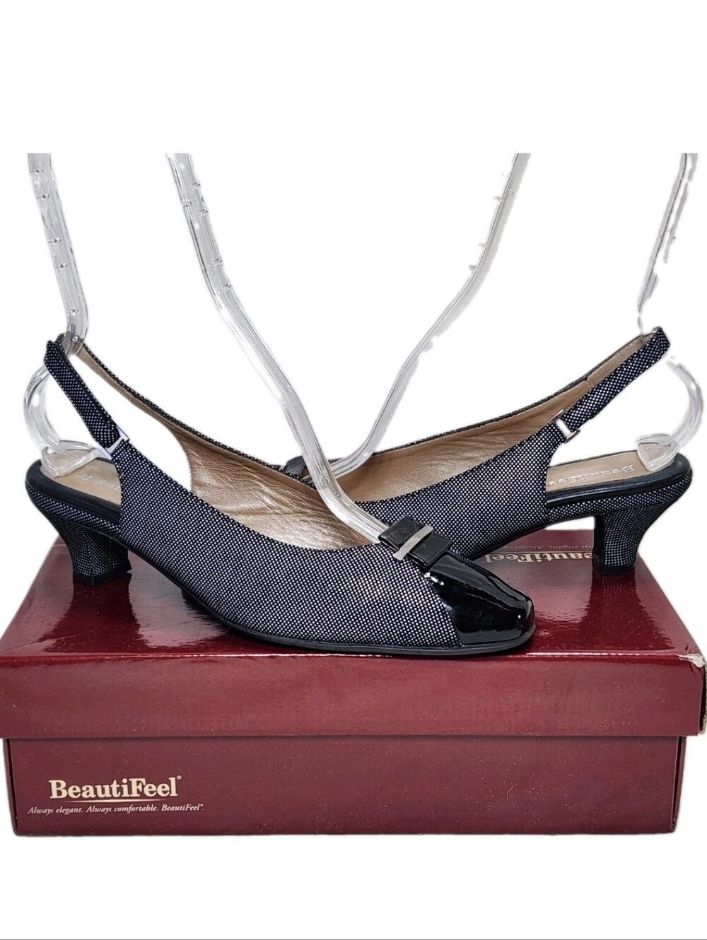 BEAUTIFEEL Lauren Slingbacks Sz 40/9 Patent Leather Suede Black White Polka Dot